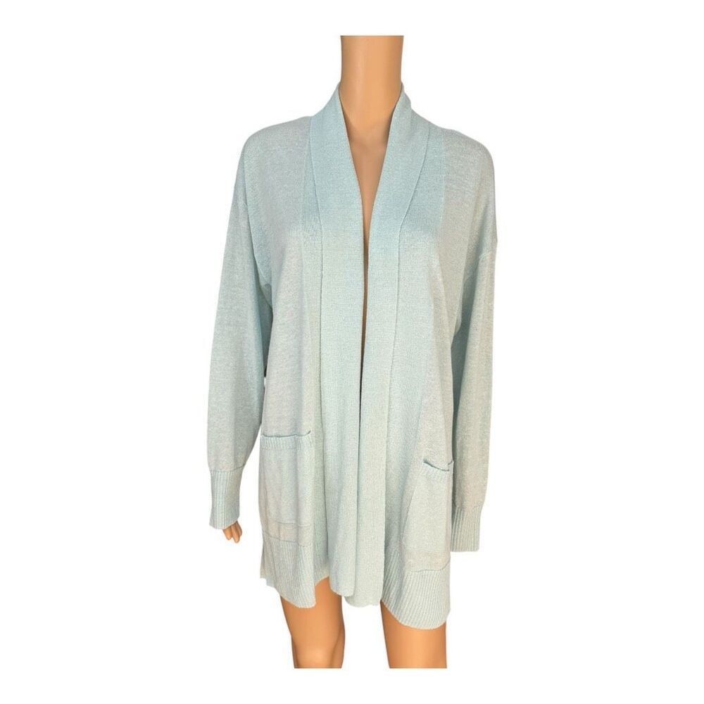 Talbots Womens Blue Linen Blend Long Sleeve Lightweight Cardigan Sweater Size L